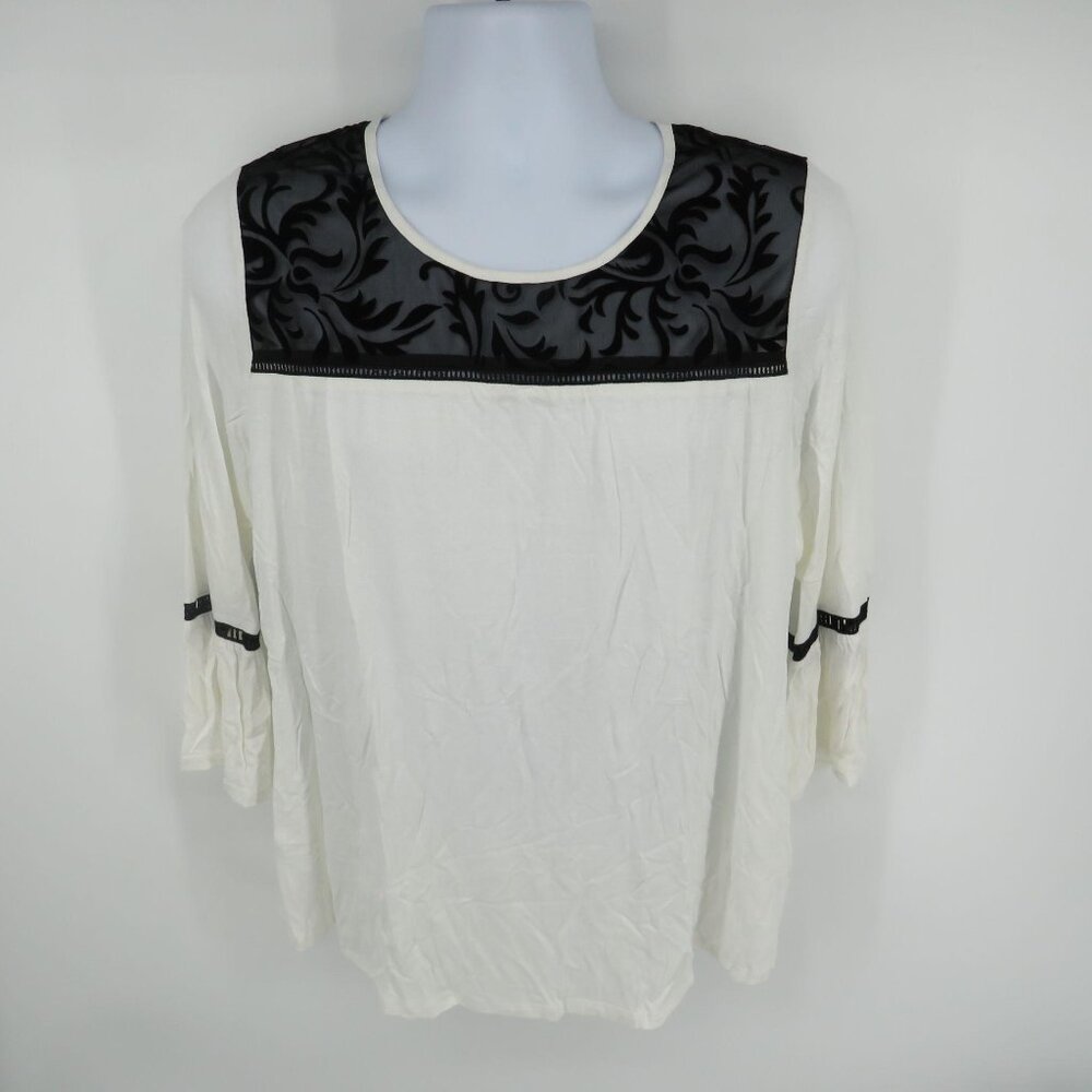 NY Collection Womens Bell Sleeves White Black Top Shirt NWT $50
